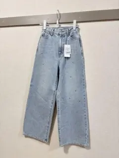 ビジュー付きライトブルーデニムパンツ ウエスト60cm、丈100cm