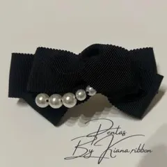 【再販】リボン　バレッタ　パール　ブラック