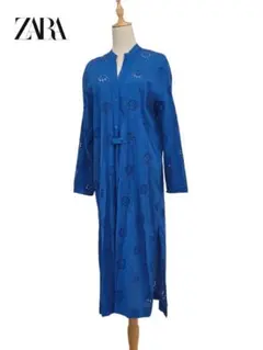 ザラ スリット Vネック 刺繍 花柄 透け感 ロング ワンピース カーディガン