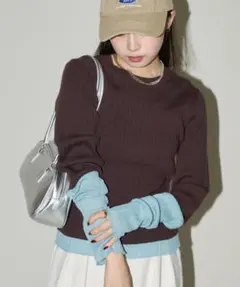 PUBLUX/パブリュクス 袖配色 リブニット トップス ブラウン