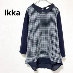 イッカ ネイビー ホワイト チェック柄 7分袖 チュニック 丸襟