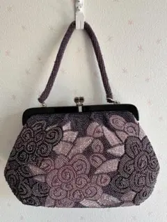ビーズ刺繍 がま口 ハンドバッグ パーティーバッグ 紫 花柄 和装 フォーマル