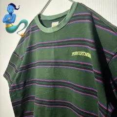 【個性派古着】KOOKYN ストライプTシャツ　ダークグリーン　Fサイズ　刺繍