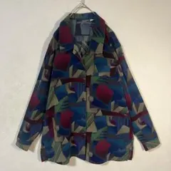 【長袖シャツ】総柄　アート柄　ダークトーン　幾何学　レトロボタン　使用感　古着