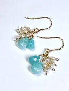 ☆天然石アマゾナイトと淡水パールの可愛いピアス（サージカルステンレスフック）