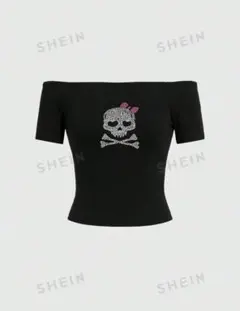 SHEIN 黒 スカルラインストーンTシャツ　29600635 y2k ドクロ