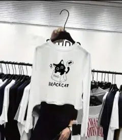 【黒猫 ᒪサイズ】長袖 Tシャツ ラウンドネック春夏 超薄手猫かわいい ユニーク