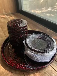 【極美品】天然竹 漆器 盆 茶筒 皿セット 伝統工芸
