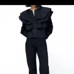 ZARA ザラ フリル付きポプリンシャツ ブラウス ブラックのサムネイル