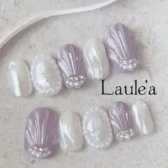 現品　マーメイドネイル　ぷっくり貝殻　ニュアンス　紫　ワンホン　白　ガーリー