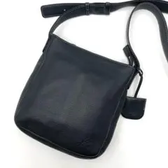 美品 kitamura ショルダーバッグ ロゴ 型押し シボ革 ダークネイビー
