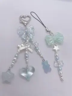 ビーズキーホルダーストラップ 韓国 y2k リボンコレクトブック チャーム 星