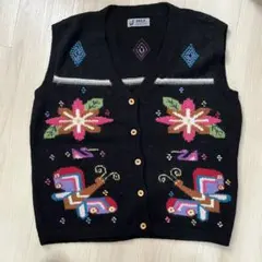 INCA 100%アルパカ ニットベスト　刺繍　ブラック