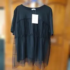 myuwa チュール切り替えTシャツ ブラック 3L