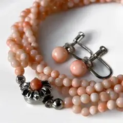 美品❤️ピンク珊瑚❤️丸玉 3連 ネックレス 3.5mm＆イヤリング
