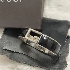 GUCCI Gロゴ バングル ブレスレット レザー シルバー ロゴ ブラック