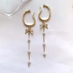 ❤️限定１セット❤️ ゴールド イヤーカフ　　　　リボン　ロング　パール　両耳用