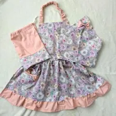 子供★エプロン　三角巾　ポーチ(スミレグレー130㎝前後)キッズハンドメイド