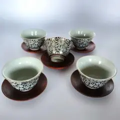 花柄湯飲み5個セットと木製茶托 九谷玉峰