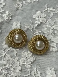 カボション ゴールド パール イヤリング ヴィンテージ風 コスチュームジュエリー