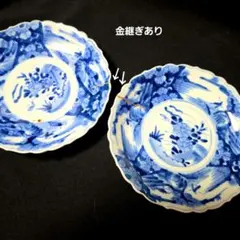 骨董 古伊万里 染付 人物 山水図 稜花皿 2枚のサムネイル