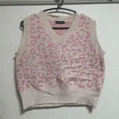 シーイン レオパード ベスト Ｖネック ノースリーブ 豹柄 Ｓ 桃白 アクリル