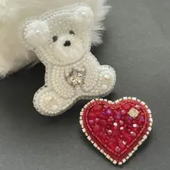 白くま&ハート　セット　ビーズ刺繍ブローチ