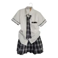 制服 白×青チェック Yコスプレ衣装 セットアップ ネクタイ付 F ①