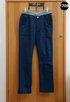 170cmB ネイビー ゴムウエスト ストレートパンツ ストレッチ素材 ゆったり