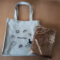 猫とパン柄のトートバッグ と パン柄のブランケット　2点セット