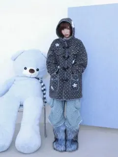 Hashtag DDDドット柄 牛角ボタン 星ウィング フード付きジャケット