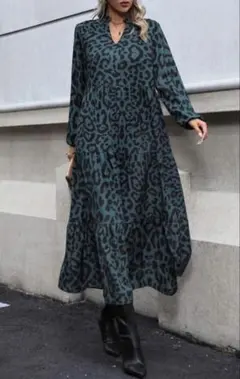 SHEIN ヒョウ柄 ロングワンピース 長袖 ノッチネック 青緑 M