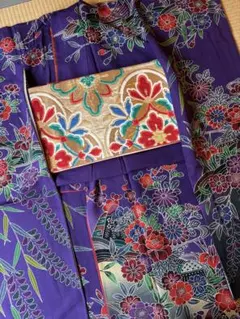 お手入れ済み 紅型紋様 紫色の振袖 豪華 袋帯 金色付き 身丈168 裄68