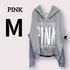 PINK【М】グレー パーカー ビッグロゴ プリント ジップアップ