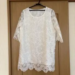 花柄刺繍パール付き五分袖チュニック