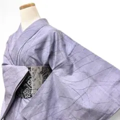 裄66.5 丈158 夏着物 化繊 小紋 単衣 グレー かすれ縞に蔓花 紬風 裄66.5 丈158 夏着物 化繊 小紋 単衣 グレー かすれ縞に蔓花 紬風