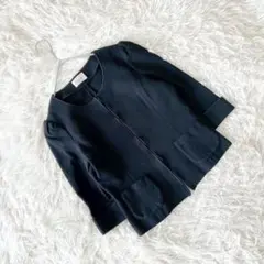 《ハロッズ》 ショートツイードジャケット ノーカラー 日本製 七分袖 春秋 上品