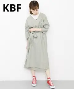 KBF グリーン ロングワンピース　薄手コート　ロングカーディガン　コットン