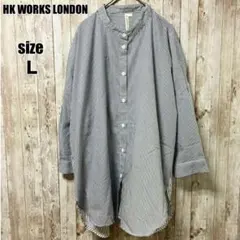 【HK WORKS LONDON】ストライプ バンドカラーシャツ L きれいめのサムネイル
