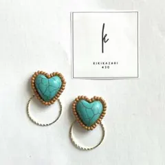 ぷっくり ターコイズ ハート×ゴールド ピアス ビーズ