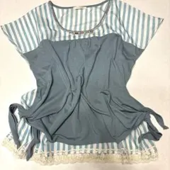 axes femme 青と白のストライプ 半袖チュニック 森ガール　バレエコア