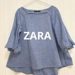 ZARA ザラ ブラウス コットン リネン ボリュームスリーブ ブルー　バルーン