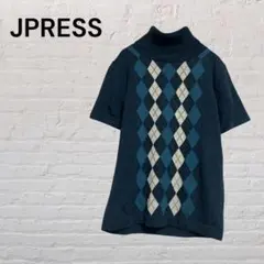 J.PRESS アーガイル柄 半袖タートルネックニット L相当 ネイビーのサムネイル