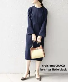 【SHIPS別注】シップス フロントボタンフレアスリーブワンピース 38 紺色