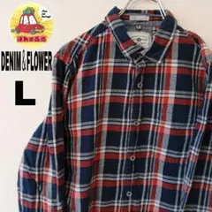 USA古着 DENIM＆FLOWER ネルシャツ　L ネイビー　レッド　チェック
