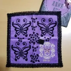ANNA SUI 紫色 蝶模様 黒レース タオルハンカチ