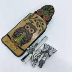 112708フクロウと船のデザインのアンティーク雑貨セット　クリップ　バインダー