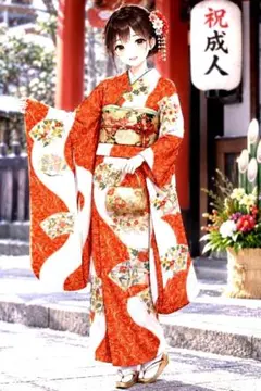 KH14.成人正絹振袖 和装伝統柄梅・菊・菖蒲の扇模様着丈大きめ約175cm