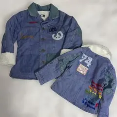 ブーフーウー130バックアレイデニムボアジャケット刺繍PEACE柄