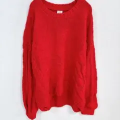 海外古着 美品【XXL】赤 ケーブルニット レッド ニット ビビット 長袖